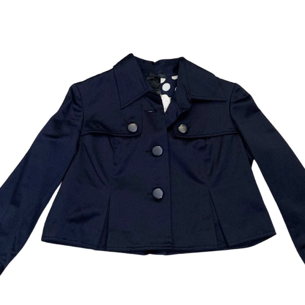 Elegant Navy Blue Satin Cropped Jacket Blazer Size Small Evening Twenty One - Picture 1 of 12